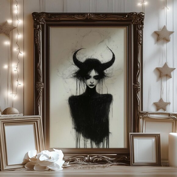 Original Girl With Horns Art Print + Digital Copy, Paint Drip Sketch - Picture 8 of 8